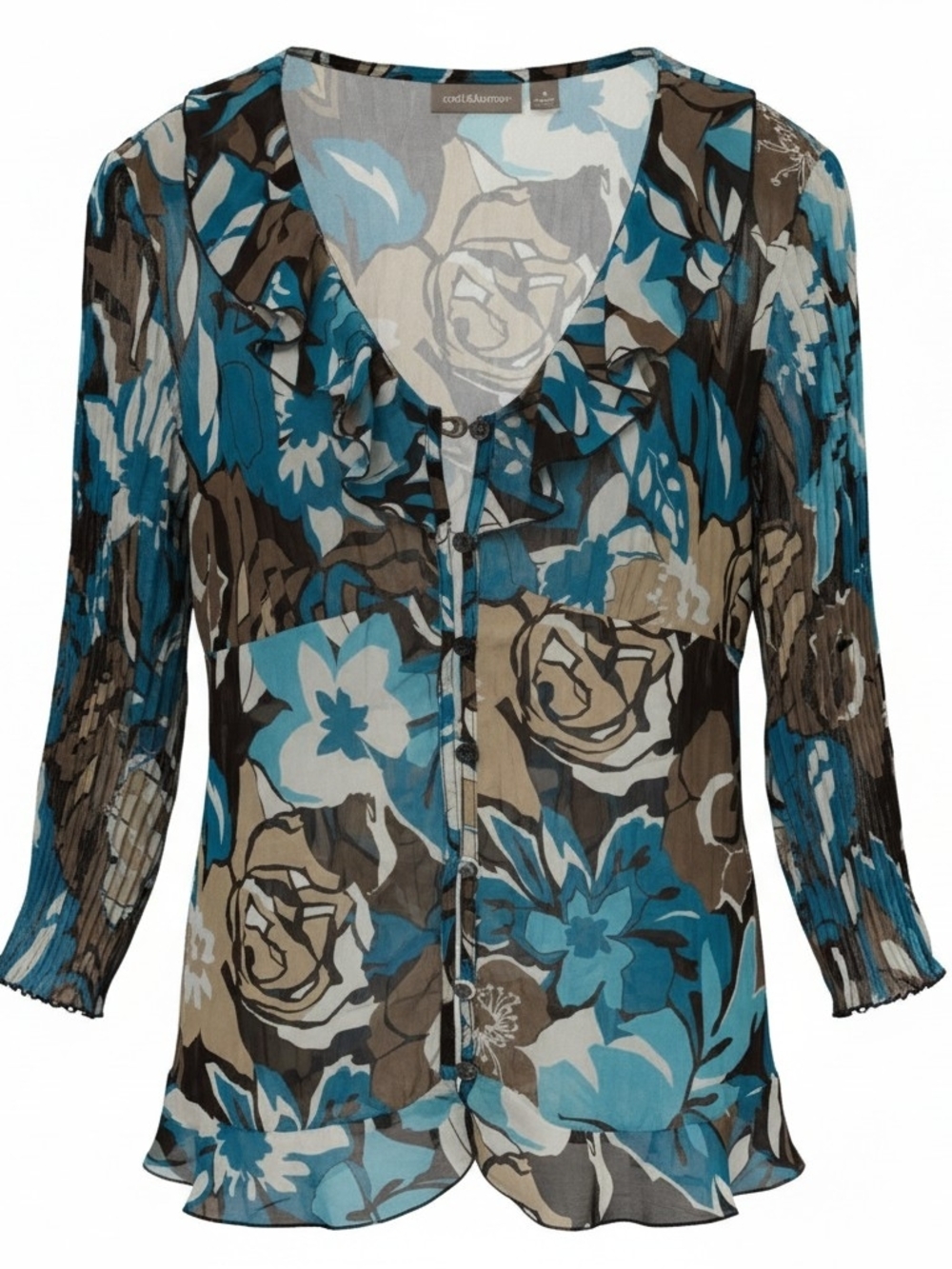 Croft & Barrow Blue Floral V-Neck Blouse Small Pleated Sleeve Cottagecore Top